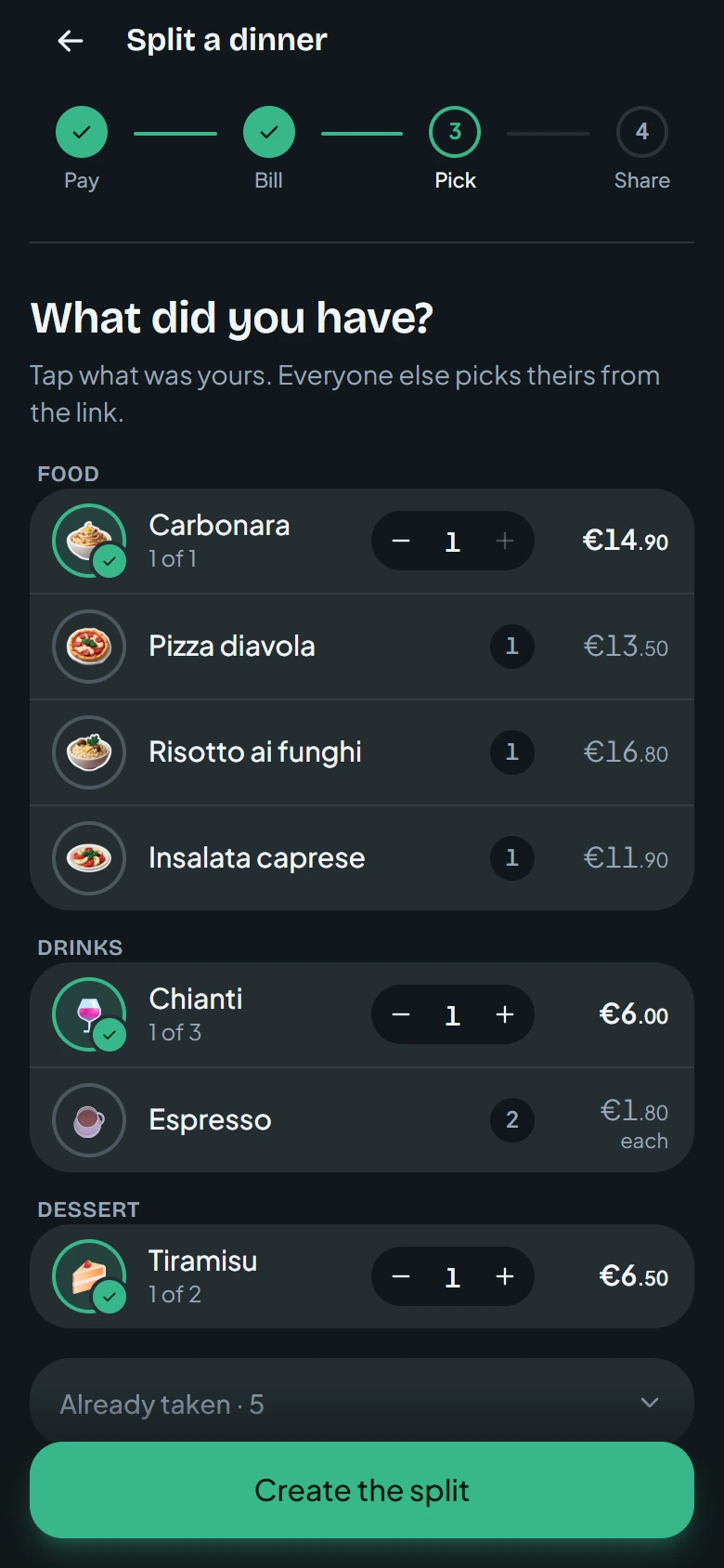 The current dinner item picker, with carbonara selected for you and other dishes available to pick.